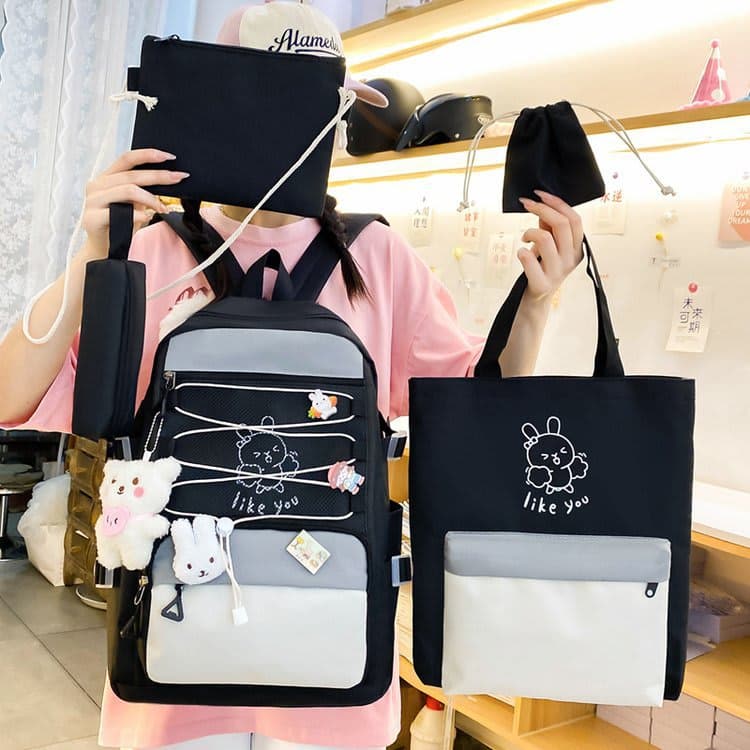 Sac à Dos Multifonctionnel Kawaii Grand Volume Imperméable et Résistant 5Pcs Noir SACKDS33N - حقيبة ظهر بعدة قطع بتصميم كاوايي